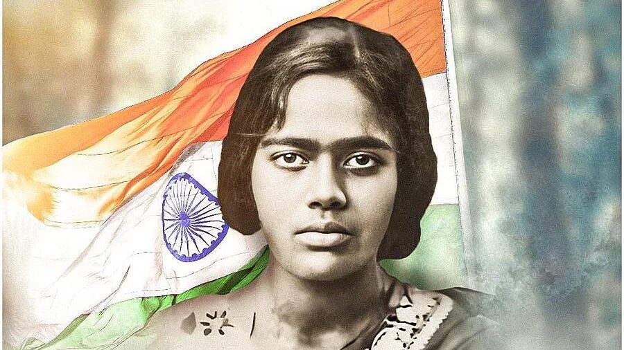 A modern colourised rendering of the archival portrait of Pritilata Waddedar, composited against a photograph of the flag of India.